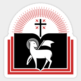 Christian illustration. Lamb of God on the background of the open book of life. Sticker
